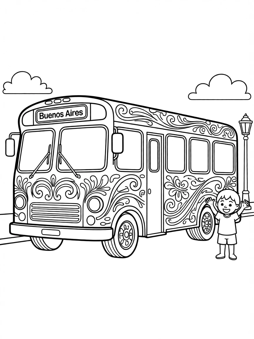 (Argentina) A city bus in Buenos Aires painted with bright "fileteado" decorative designs.