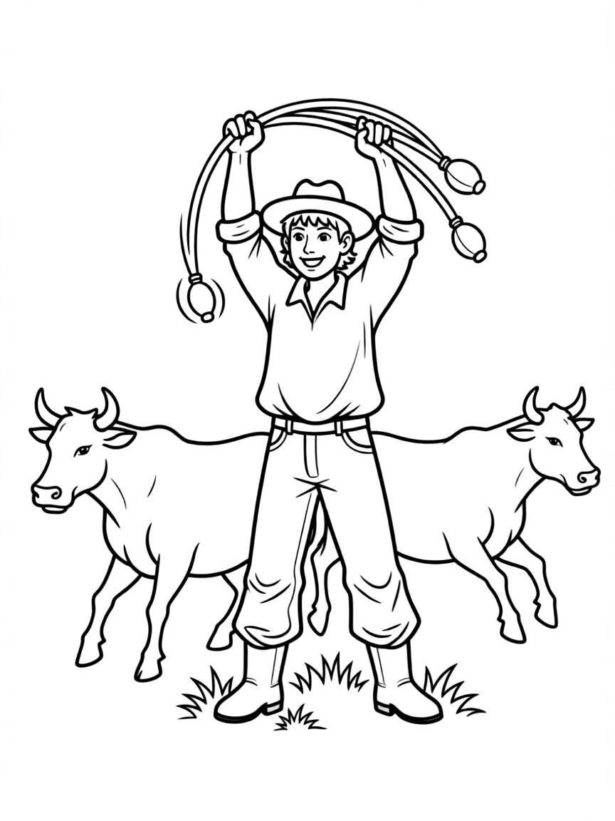 (Argentina) A gaucho swinging boleadoras (rope bolas) to catch running cattle on the range.