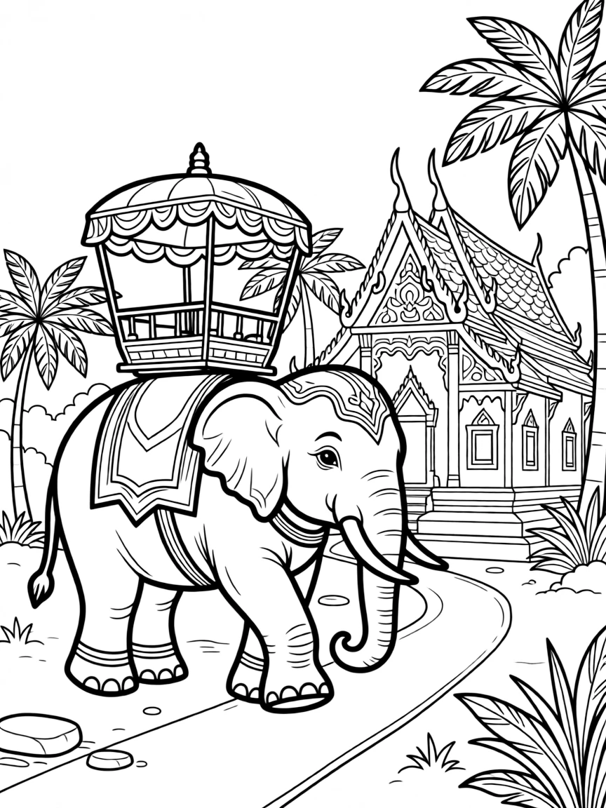 (Thailand) An elephant with a decorative howdah (seat) on its back, walking near an ancient temple.