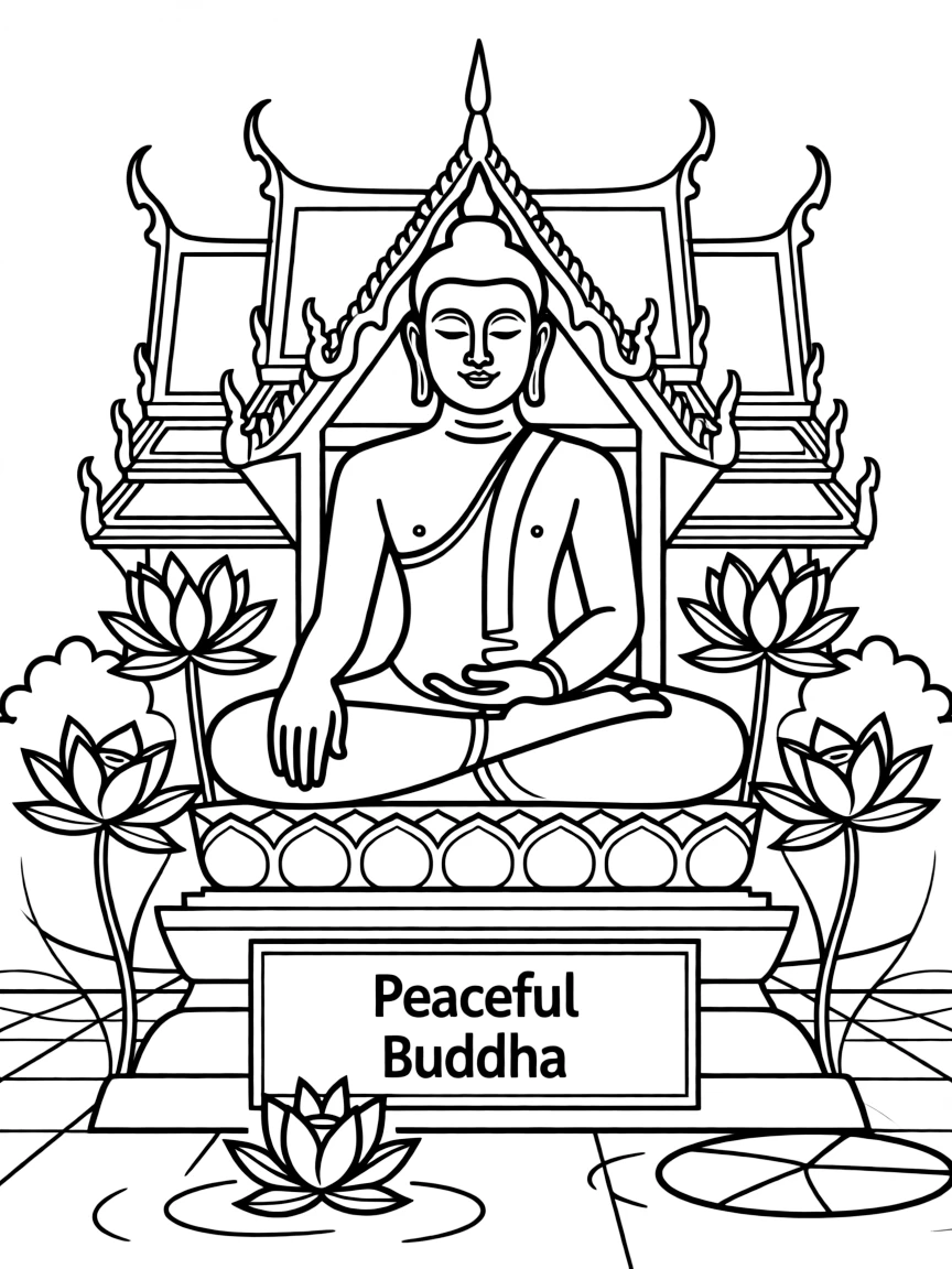 (Thailand) A large golden Buddha statue sitting peacefully at a Thai temple with lotus flowers around.