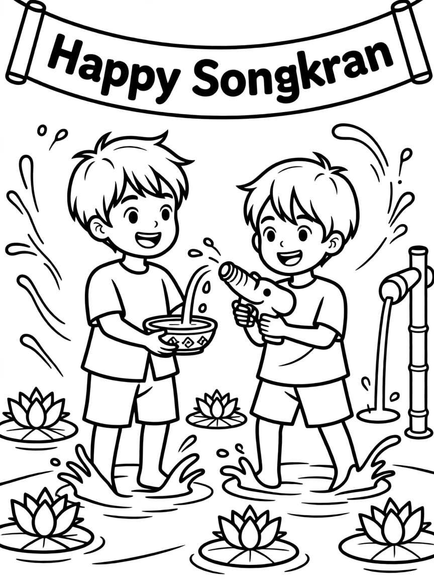 (Thailand) Children splashing water on each other during Songkran, the Thai New Year water festival.