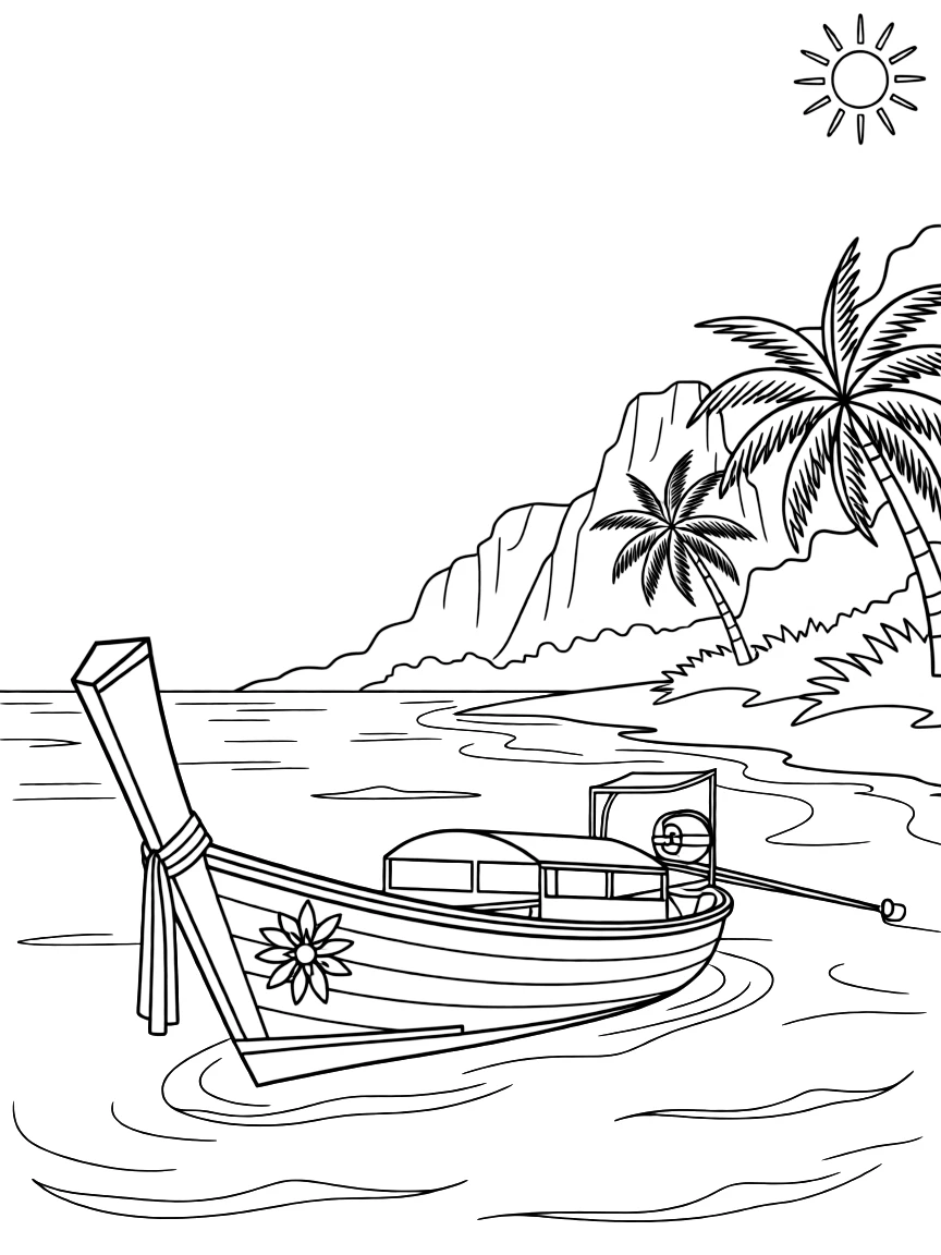 (Thailand) A longtail boat floating on clear turquoise water by a tropical beach and limestone cliffs.