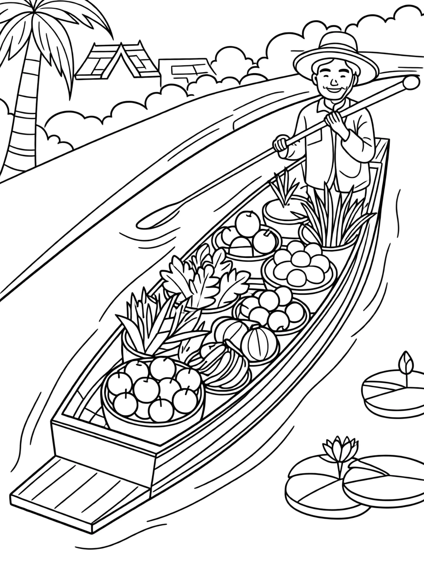 (Thailand) A busy floating market boat filled with fruits and vegetables on a canal.