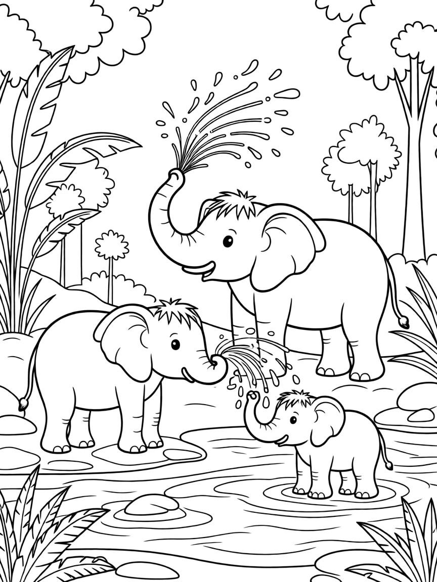 (Thailand) A family of elephants bathing and spraying water in a jungle river.