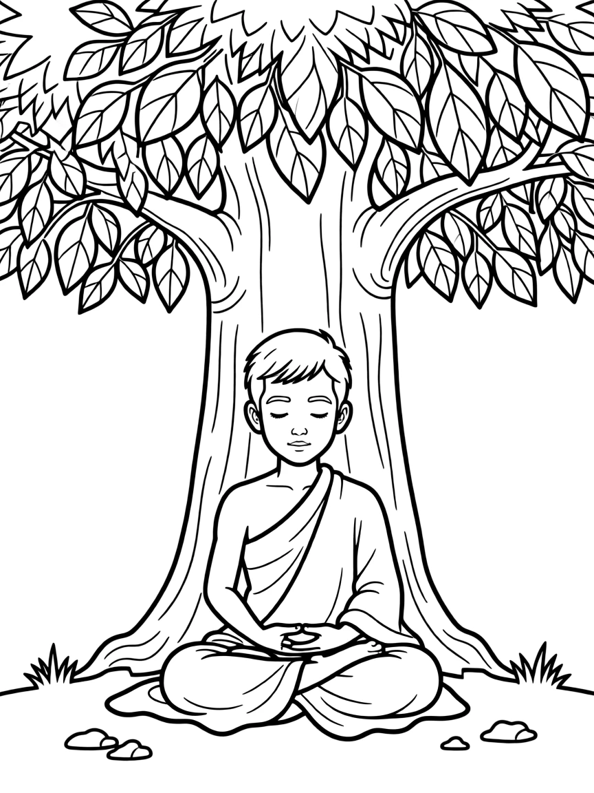 (Thailand) A Buddhist monk in orange robes meditating quietly under a Bodhi tree.
