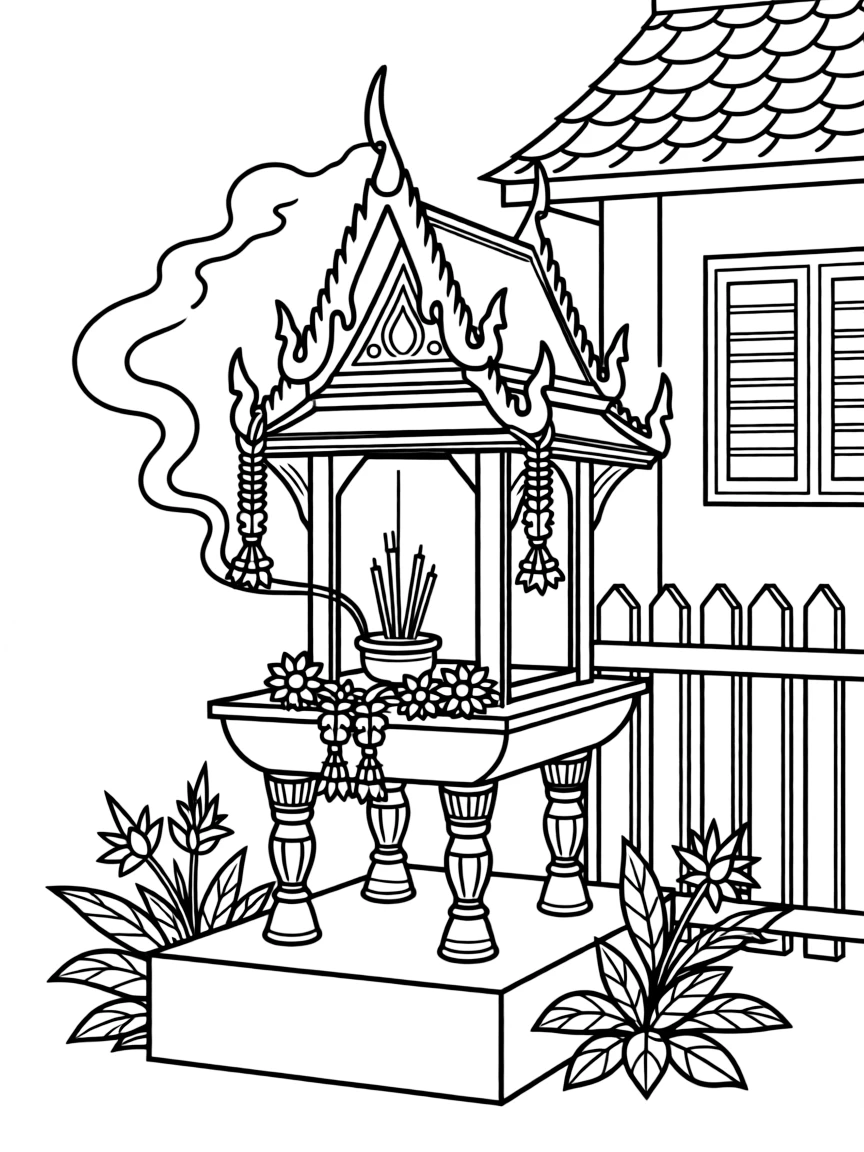 (Thailand) A small spirit house shrine decorated with flowers and incense outside a Thai home.