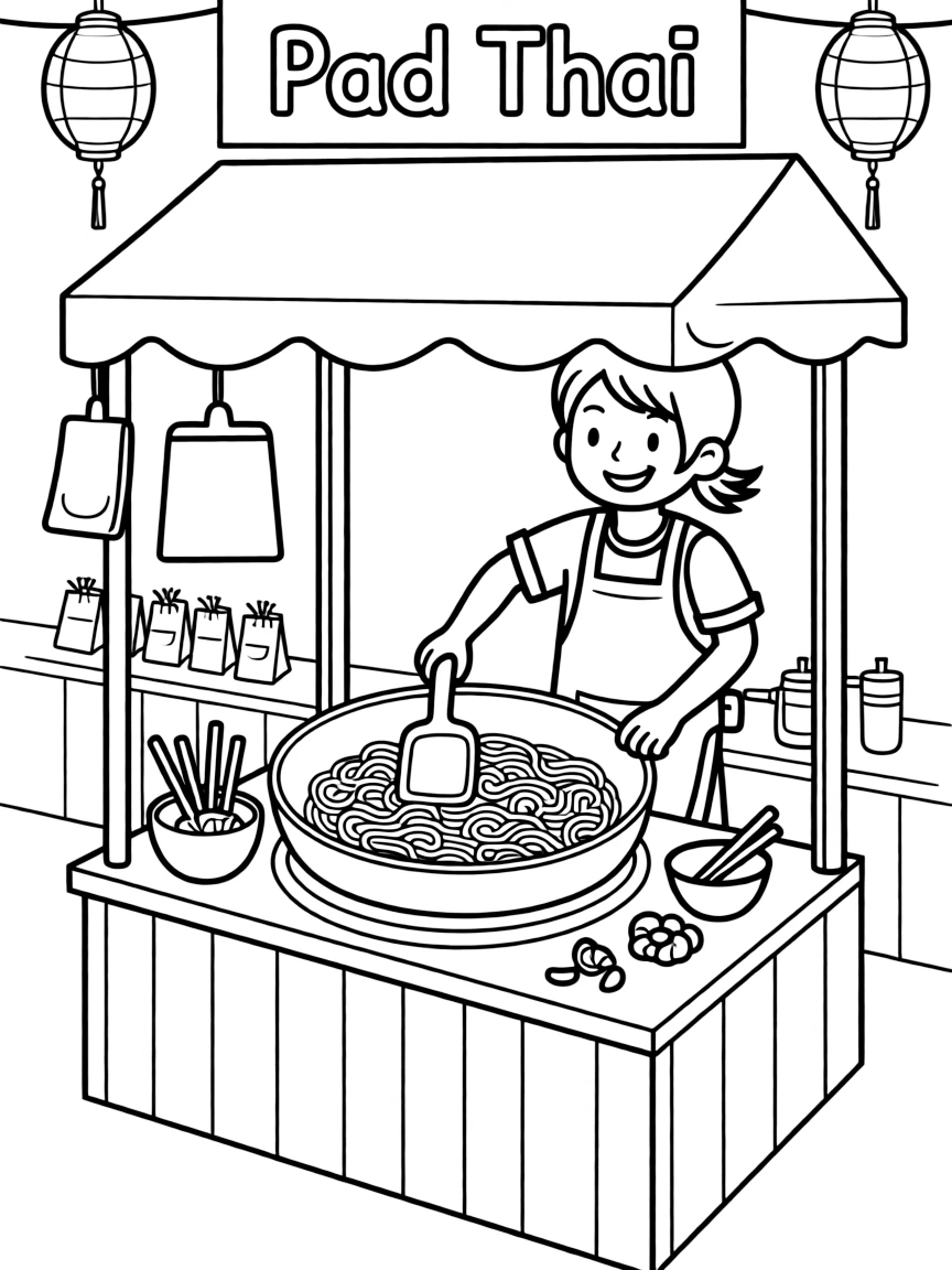 (Thailand) A street food vendor cooking pad Thai noodles in a hot wok at a market stall.