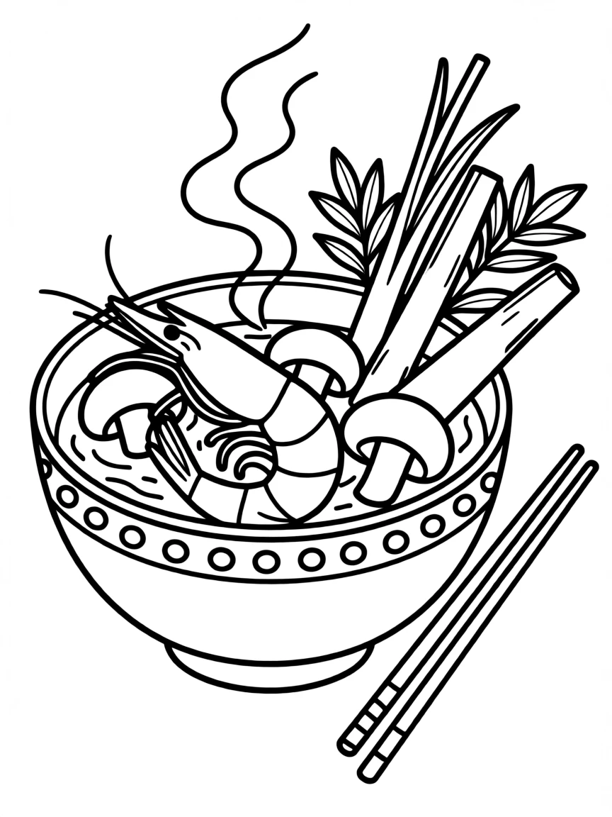(Thailand) A bowl of spicy Tom Yum soup with shrimp, mushrooms, and lemongrass.