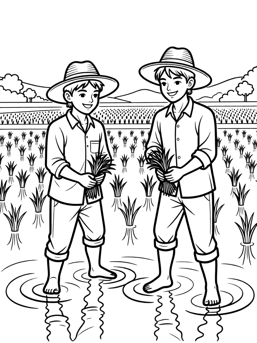 (Thailand) Farmers wearing straw hats planting rice seedlings in a bright green paddy field.