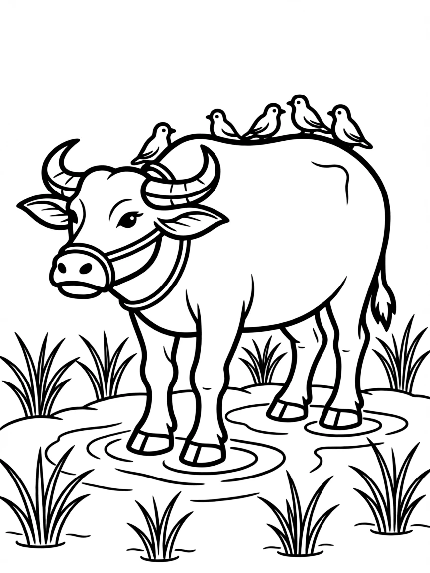 (Thailand) A water buffalo standing in a muddy rice field with white birds perched on its back.