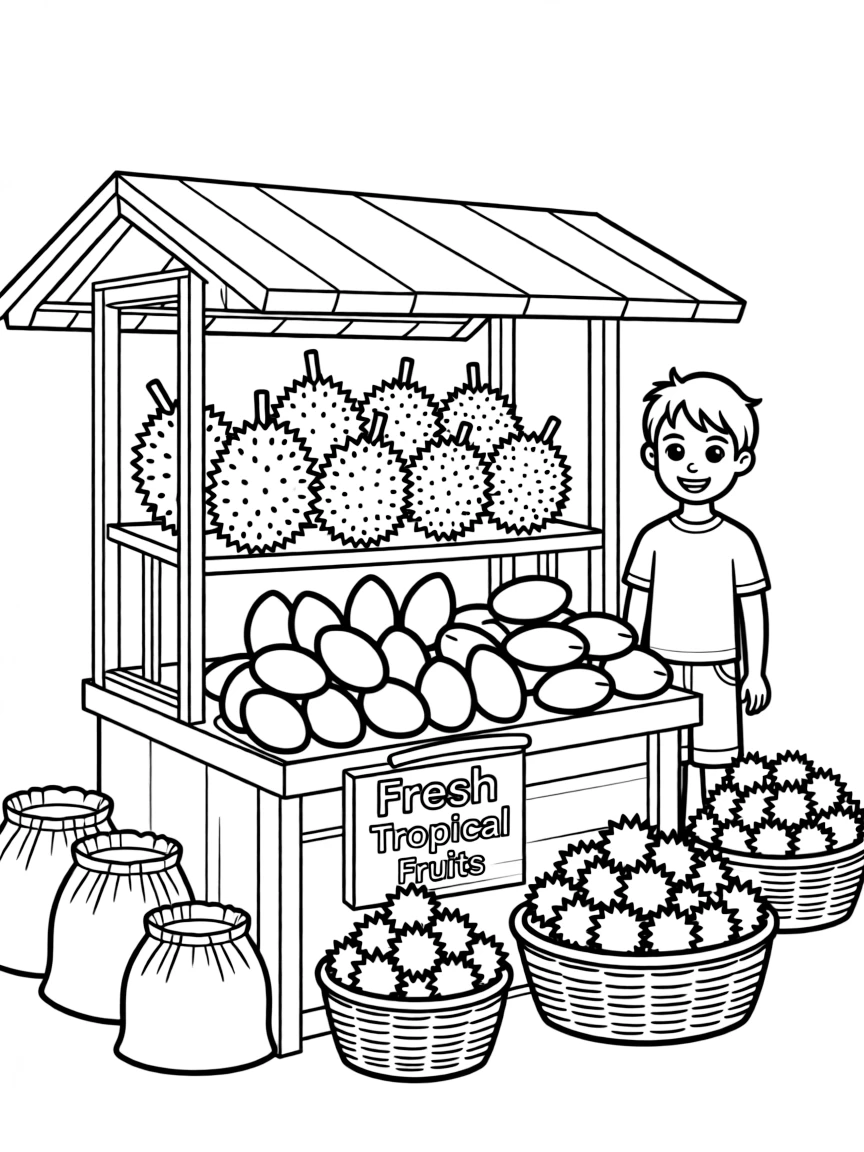 (Thailand) A market stall piled high with tropical fruits like durian, mangoes, and rambutan.