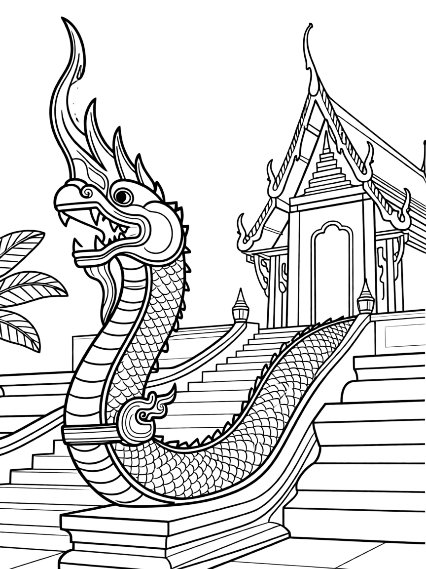 (Thailand) A dragon-like Naga serpent statue guarding the steps of a Thai temple.