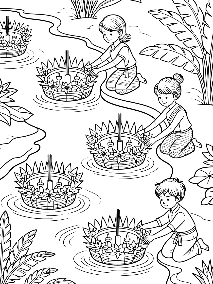 (Thailand) People floating flower-decorated baskets with candles on a river for Loy Krathong festival.