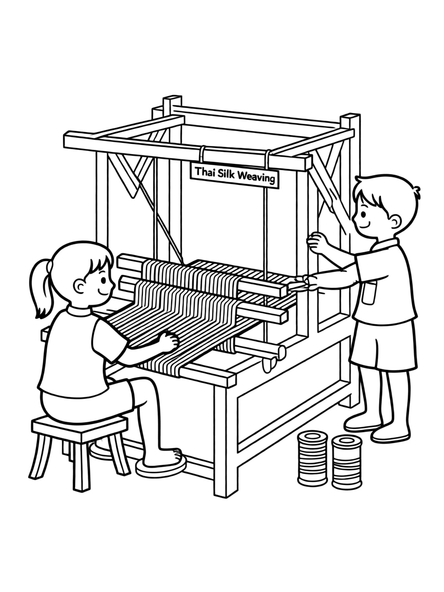(Thailand) Thai silk weavers working at a wooden loom with vibrant silk threads.