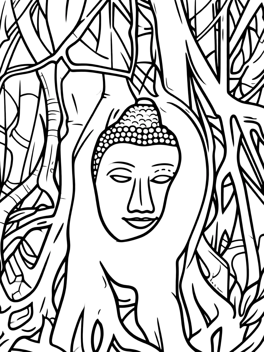 (Thailand) An ancient Buddha statue head wrapped in tree roots at Ayutthaya historical park.