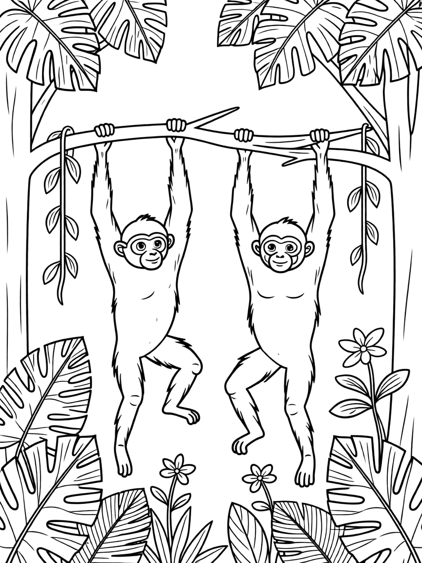 (Thailand) A pair of gibbons swinging between tree branches in a lush Thai rainforest.