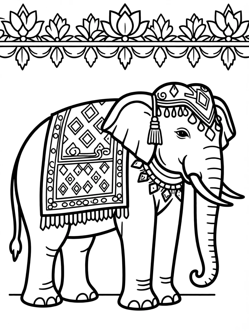 (Thailand) A royal white elephant decorated with ornate cloth for a ceremonial procession.