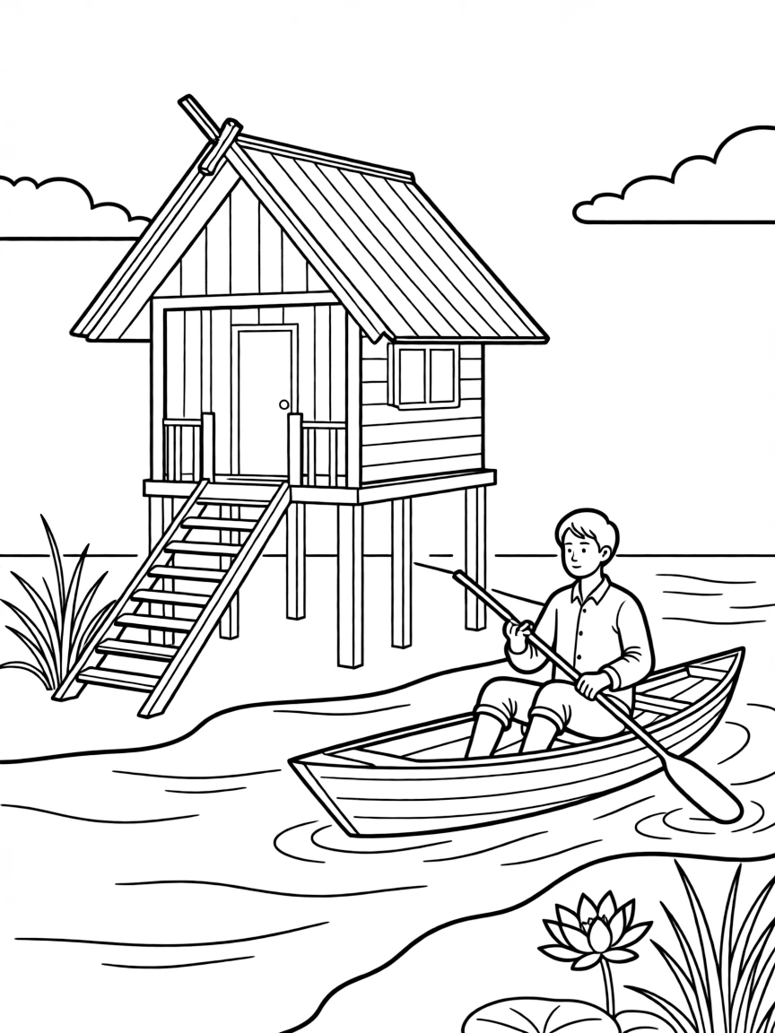 (Thailand) A traditional wooden stilt house built over water with a fisherman paddling nearby.