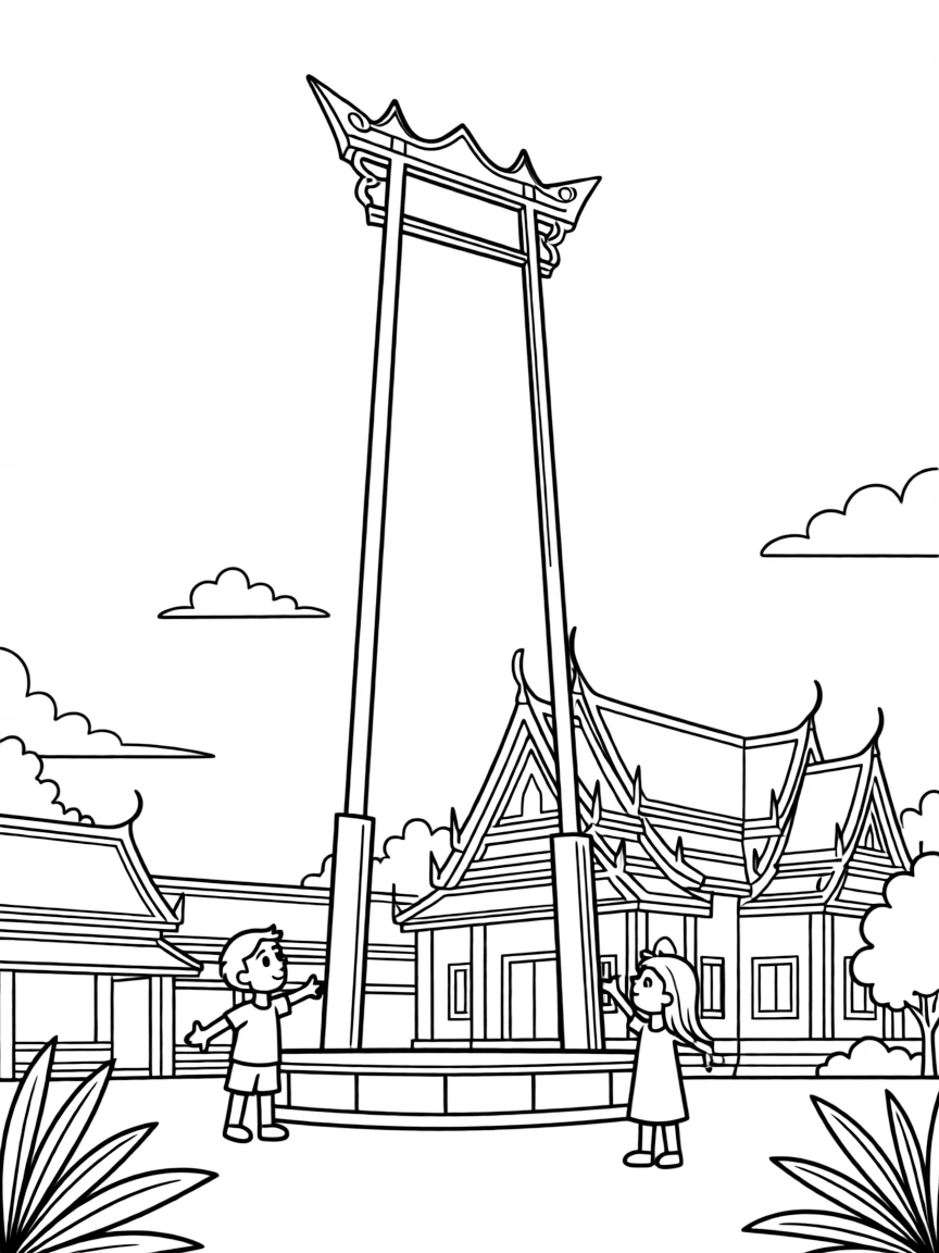 (Thailand) The Giant Swing (tall red swing frame) standing in Bangkok near a temple.