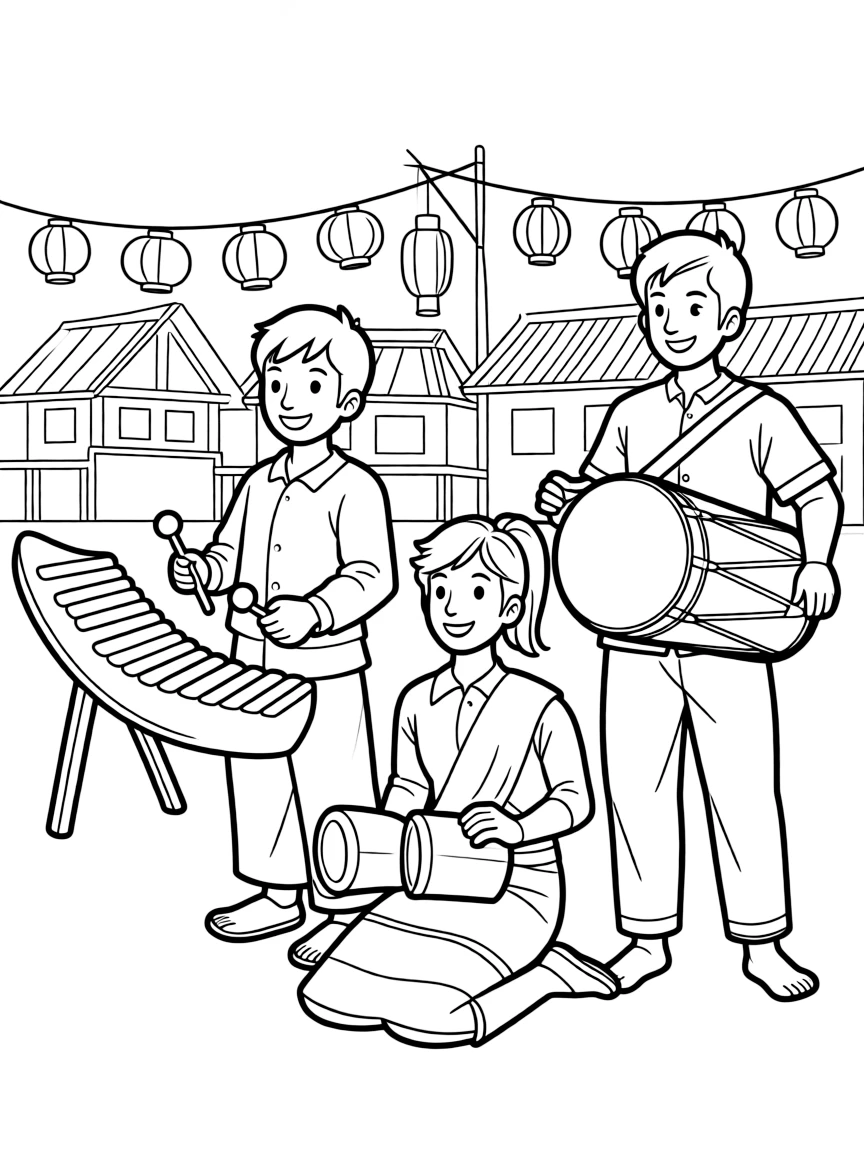 (Thailand) A group of musicians playing traditional Thai instruments like a xylophone and drums at a village festival.