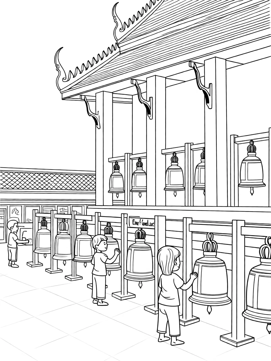 (Thailand) A Buddhist temple courtyard with many bronze bells that visitors can ring.