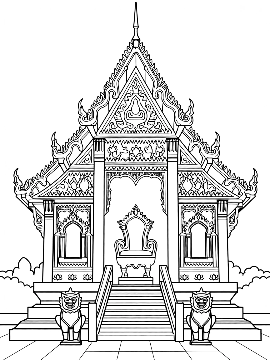 (Thailand) An ornate Thai throne hall with intricate roof details and golden accents.