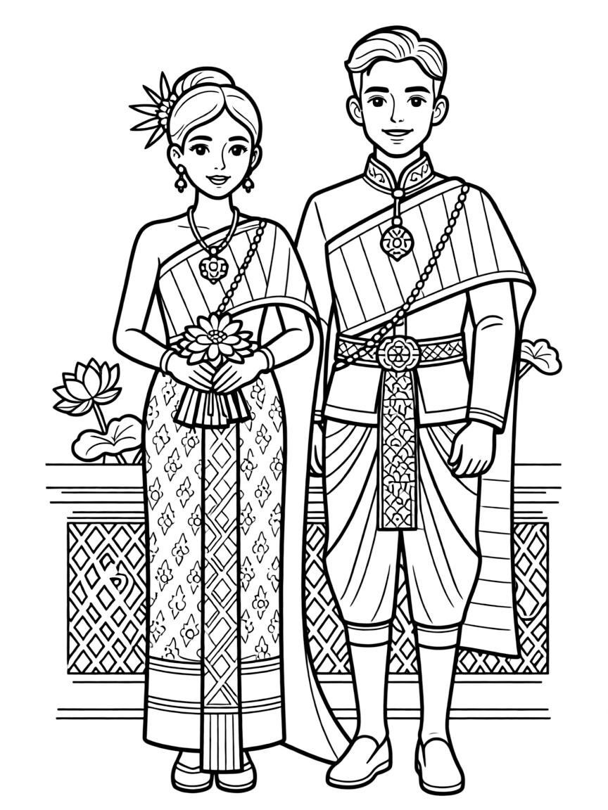 (Thailand) A bride and groom wearing elegant traditional Thai wedding outfits.