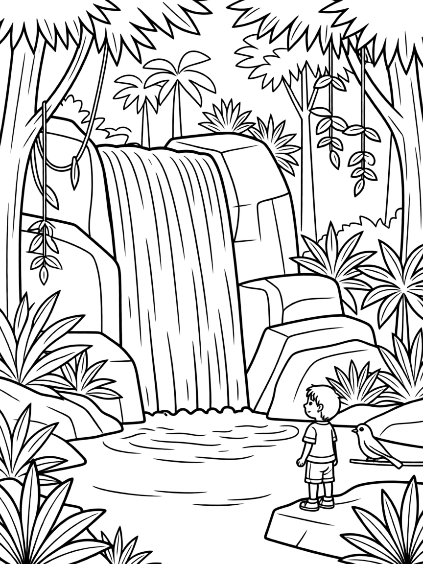 (Thailand) A waterfall cascading through a lush jungle in a Thai national park.