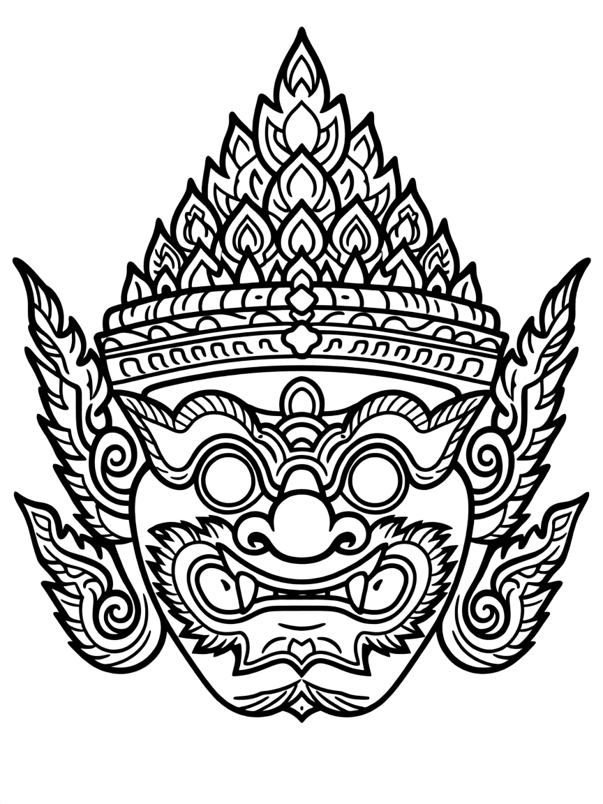 (Thailand) A fierce-looking mask used in classical Thai dance dramas, with bright colors and designs.