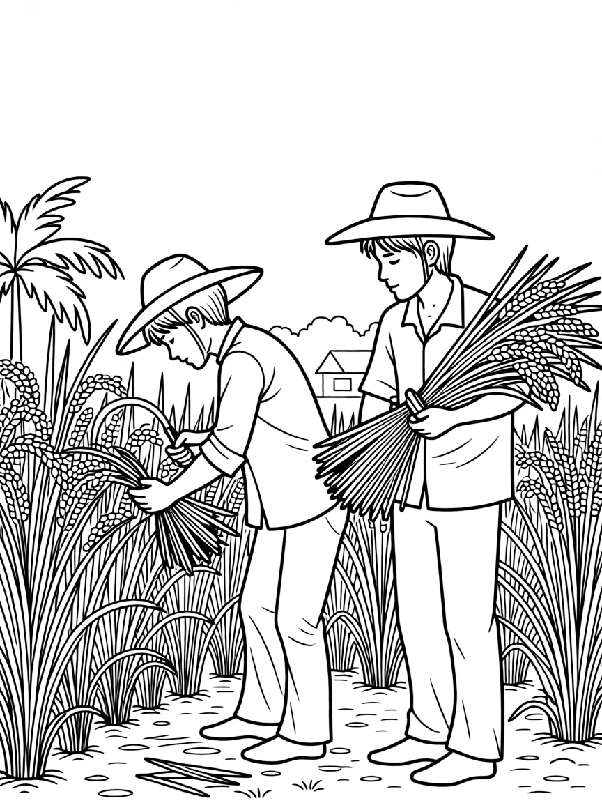 (Thailand) Farmers harvesting ripe golden rice with sickles during the rice harvest season.