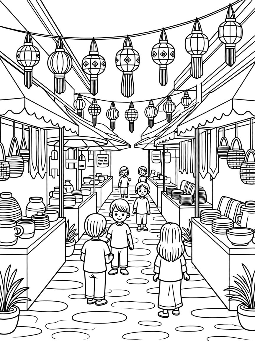 (Thailand) A street in Chiang Mai’s Night Bazaar with hanging lanterns and stalls selling crafts.