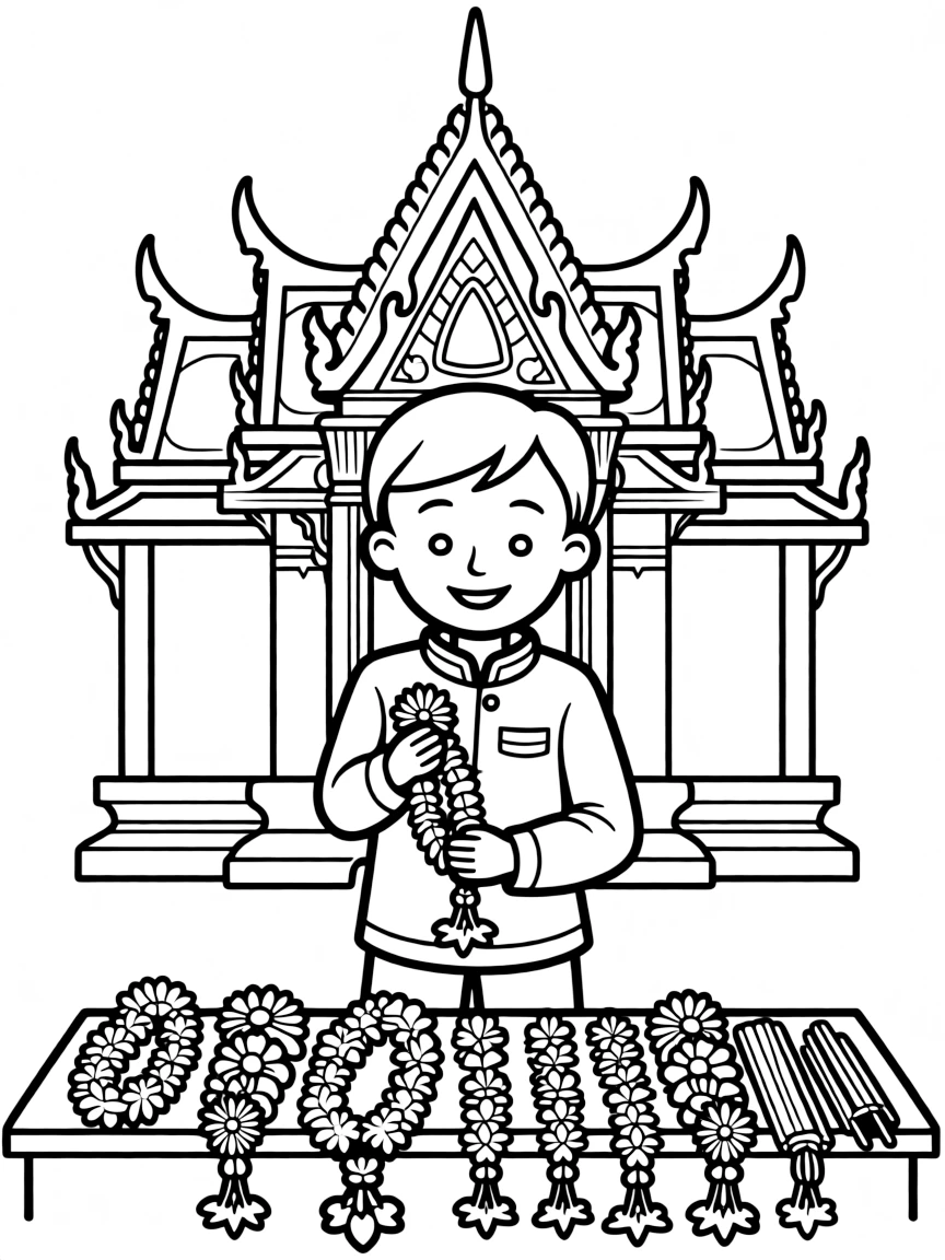 (Thailand) A smiling vendor selling fragrant flower garlands and incense at a temple gate.