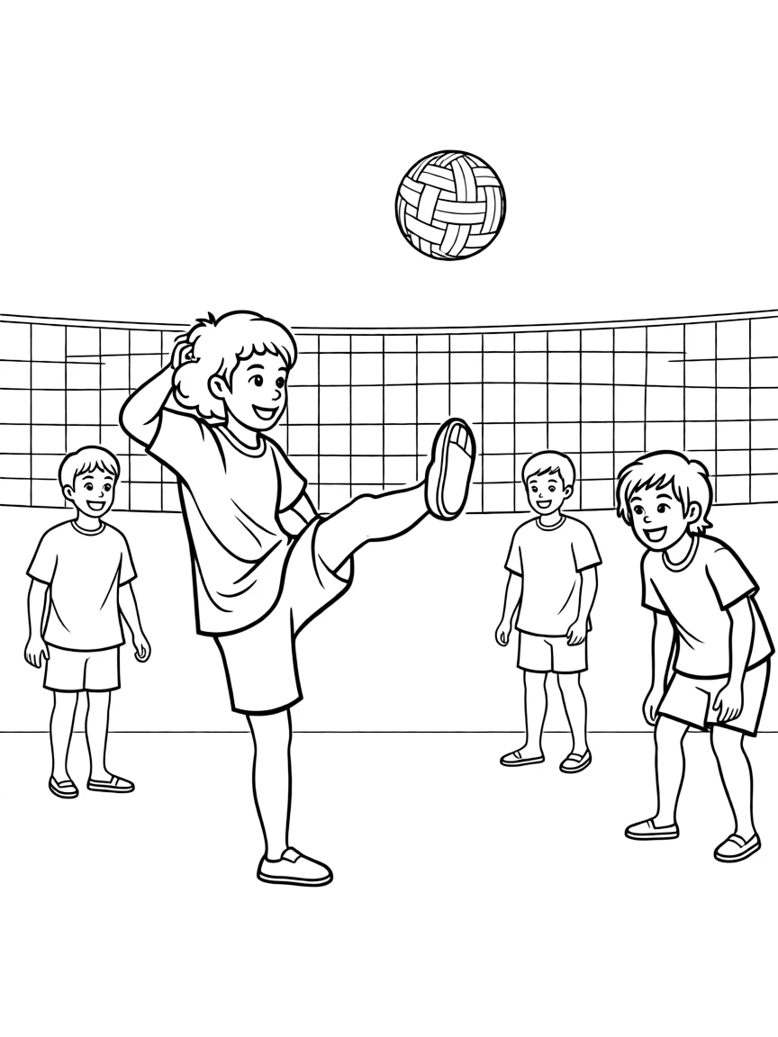 (Thailand) A group of Thai children playing sepak takraw (kick volleyball) with a rattan ball.