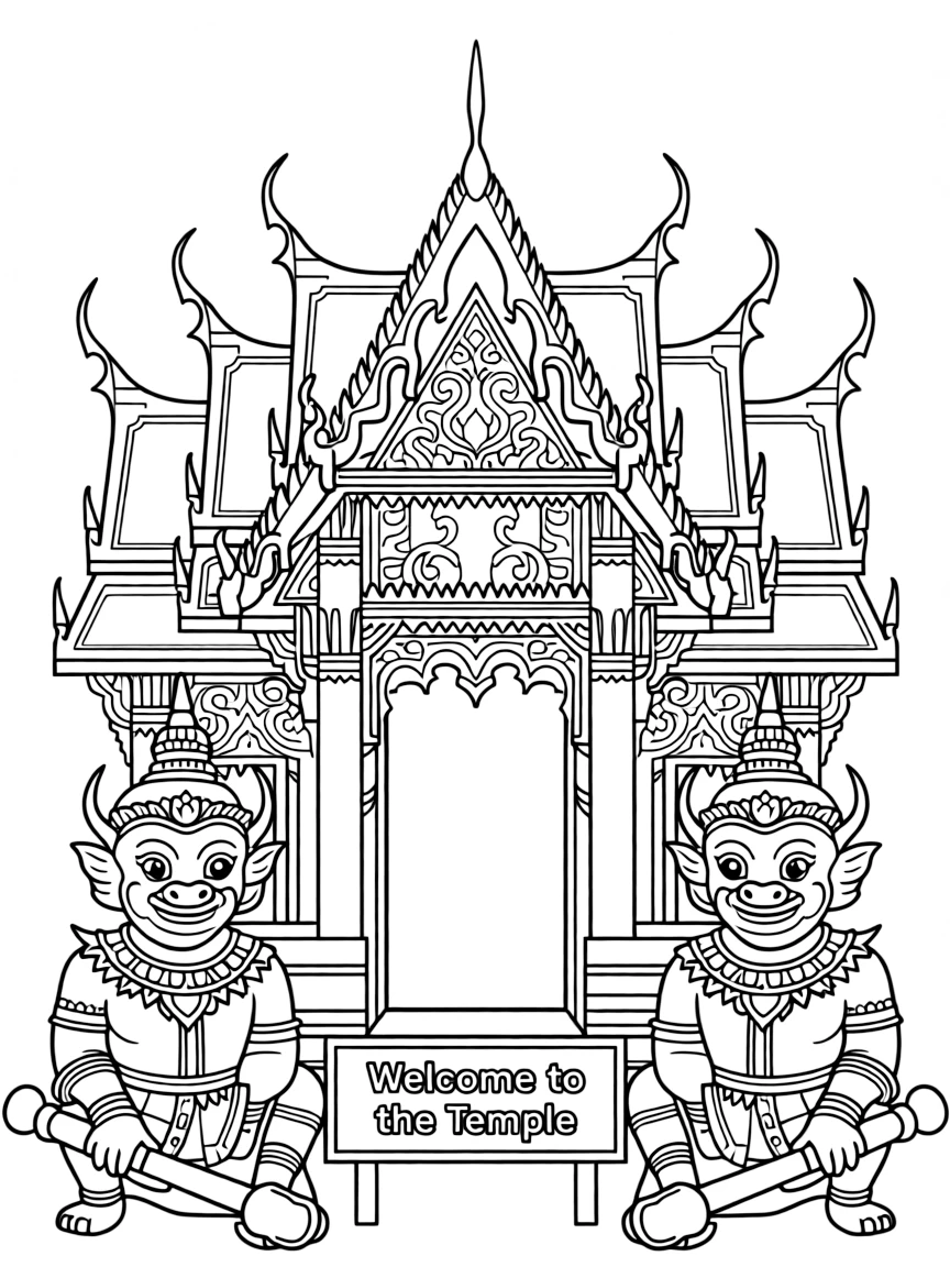 (Thailand) A majestic temple gate guarded by two giant yaksha statues at the entrance.