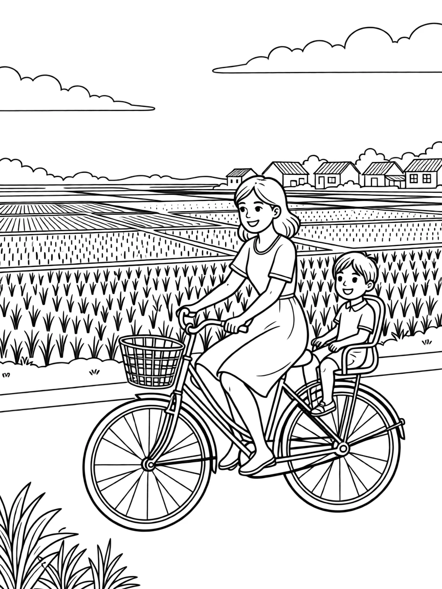 (Thailand) A mother riding a bicycle with her child past green rice fields in a village.