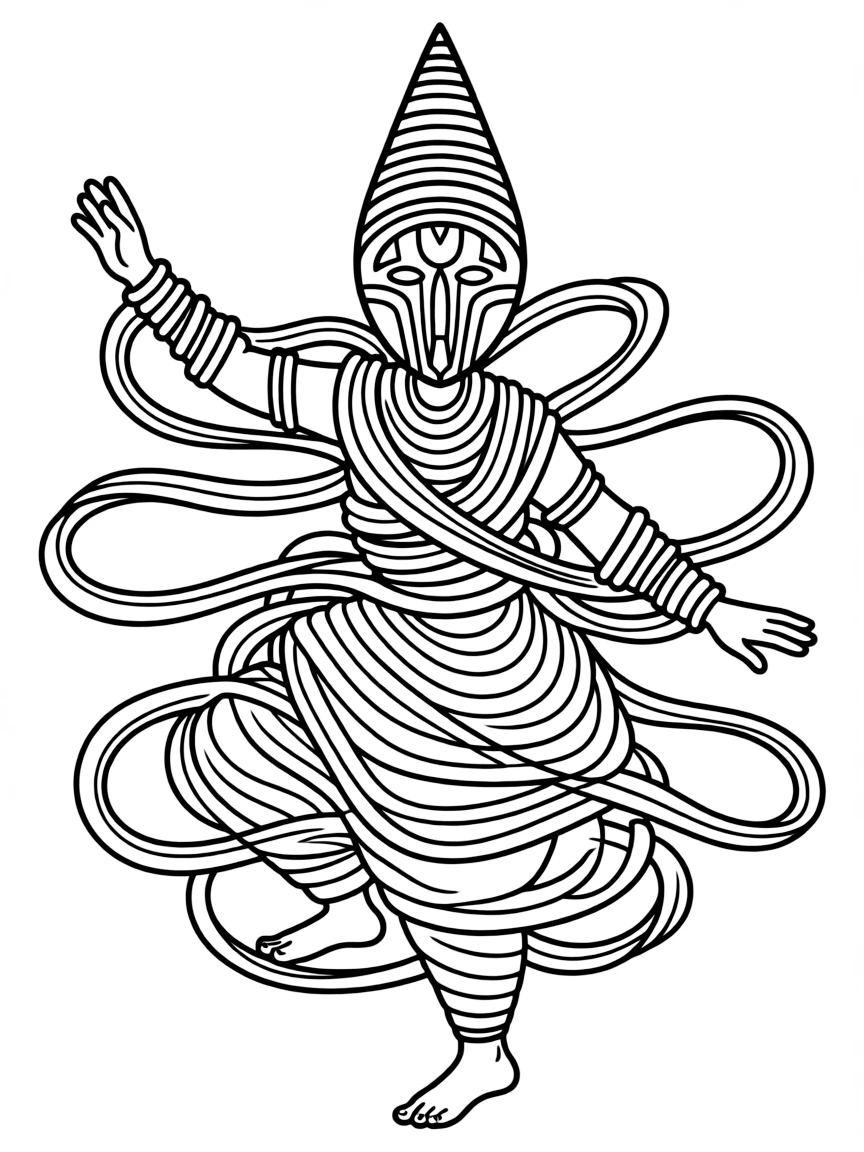 (Nigeria) A masked Egungun dancer covered in layers of vivid cloth strips twirling around.