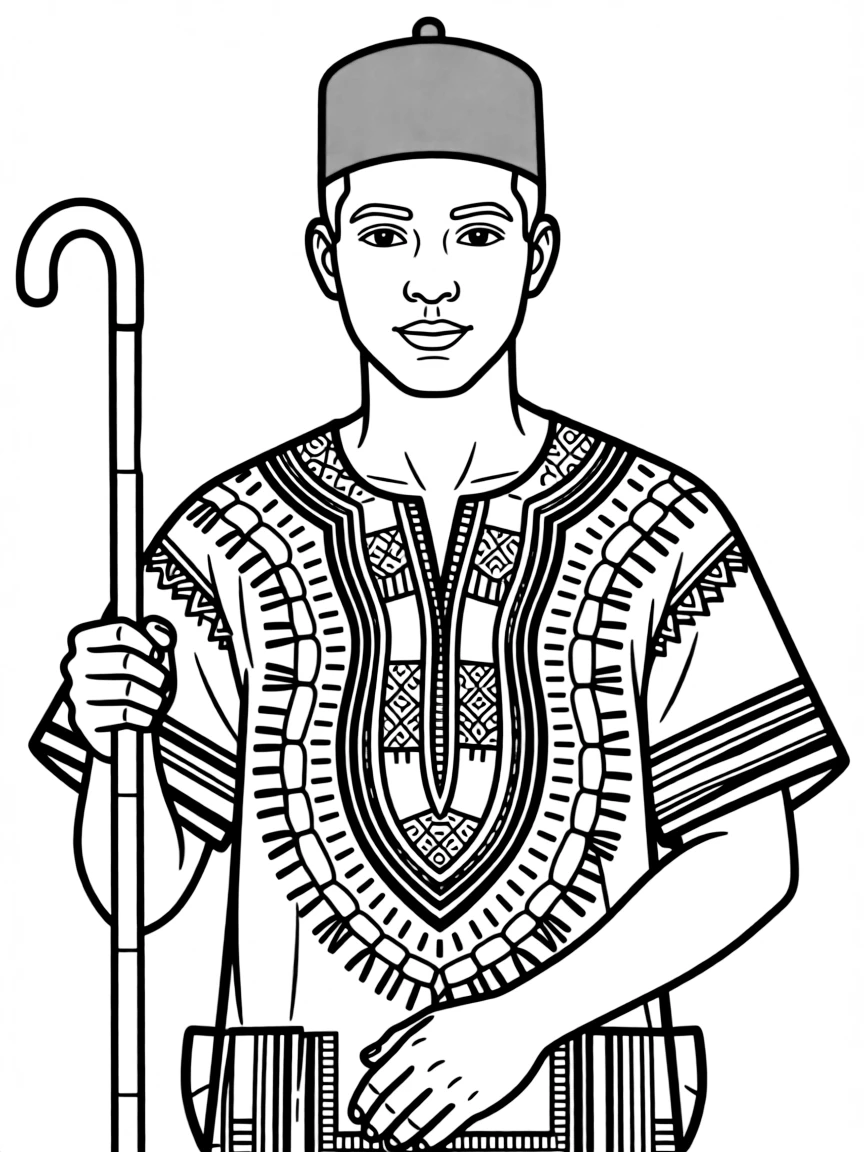 (Nigeria) An Igbo man wearing a red cap and traditional patterned shirt (isi agu) with a walking stick.