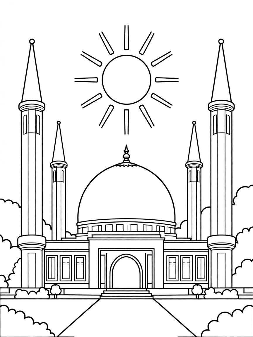 (Nigeria) The Abuja National Mosque with its golden dome and tall minarets shining in the sun.