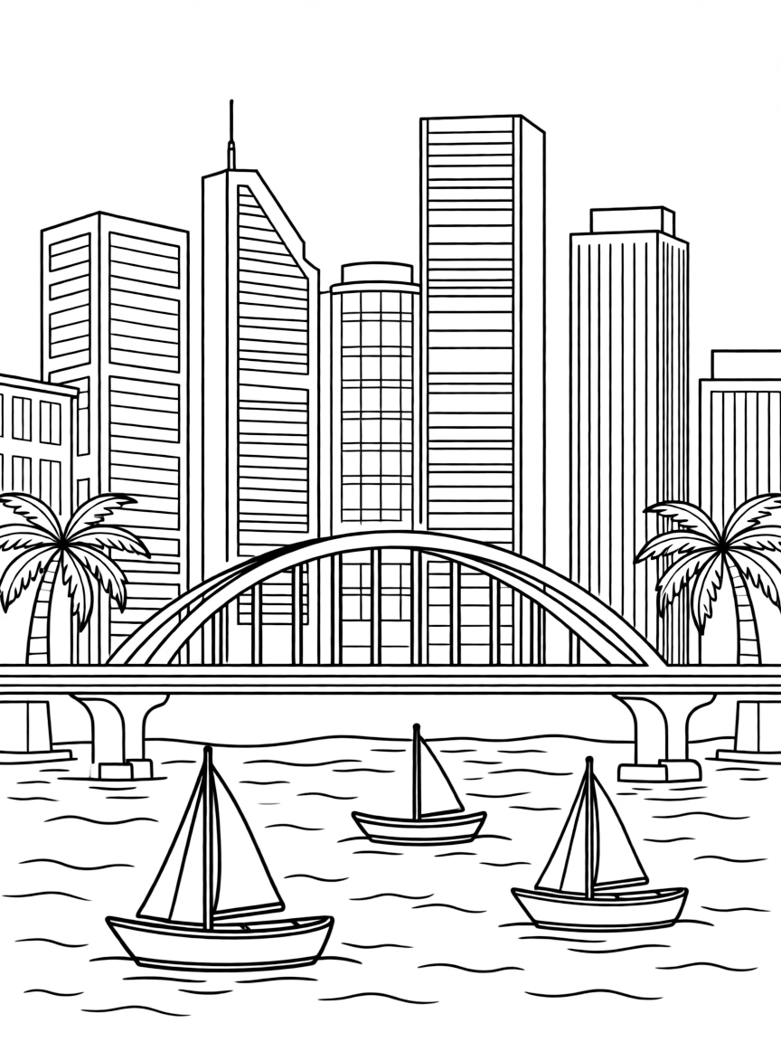 (Nigeria) Lagos Island skyline with the Third Mainland Bridge and boats on the water.