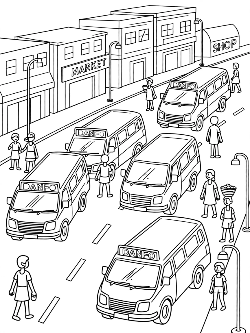 (Nigeria) A busy Lagos street with yellow danfo minibuses and people bustling about.