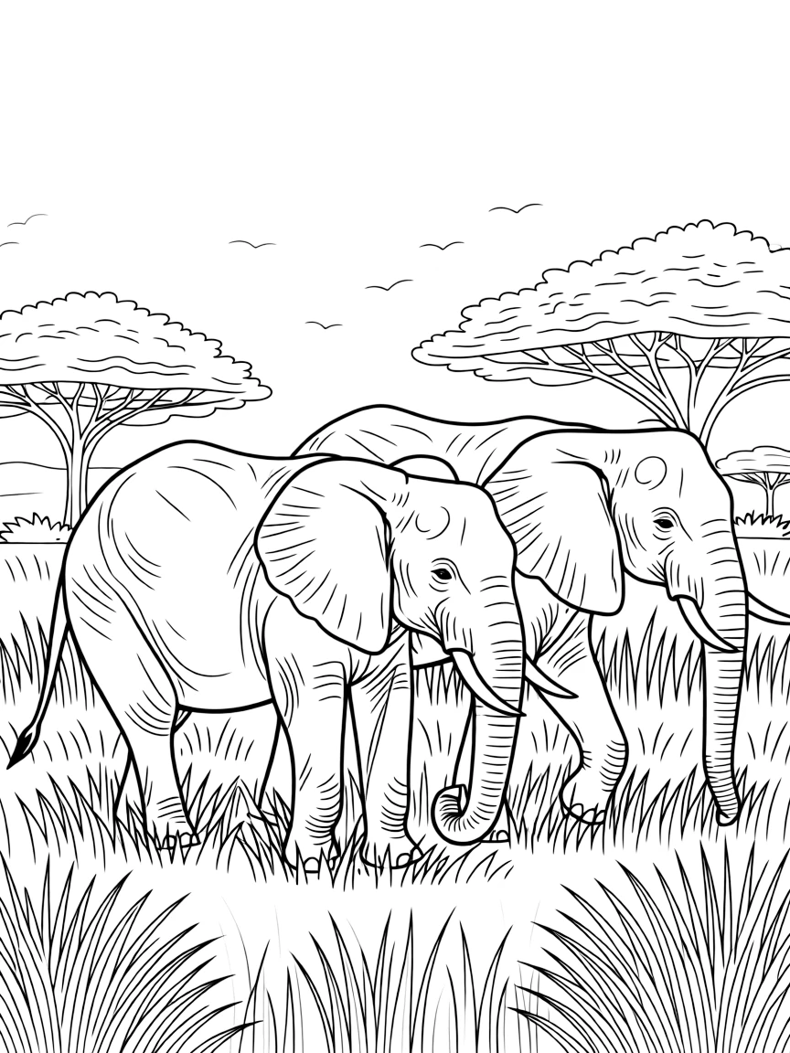 (Nigeria) Two large elephants walking through the savanna grasslands of Yankari National Park.