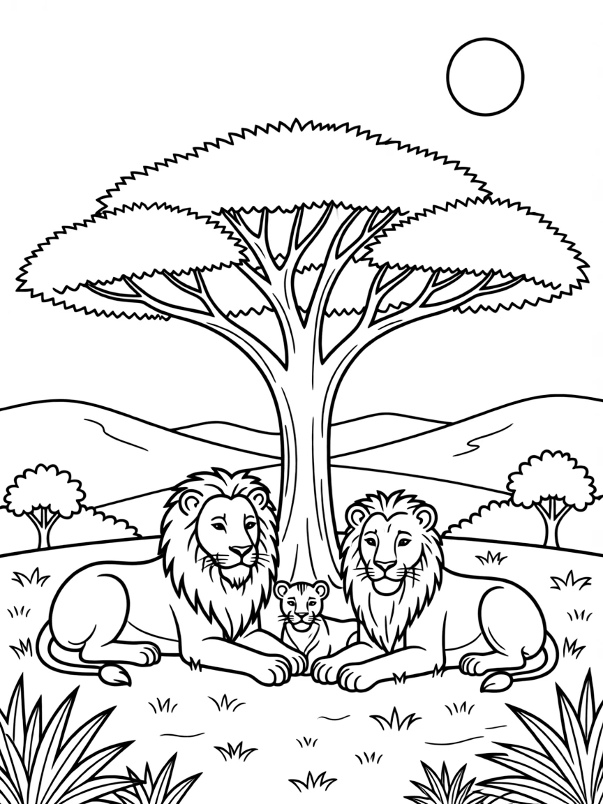 (Nigeria) A family of lions resting under a tree on a hot day in a Nigerian wildlife park.