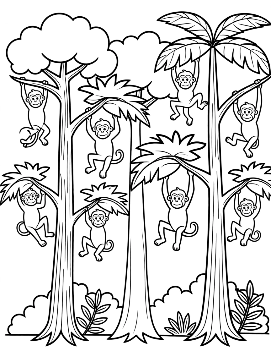 (Nigeria) Chimpanzees swinging and playing in the trees of a Nigerian rainforest.