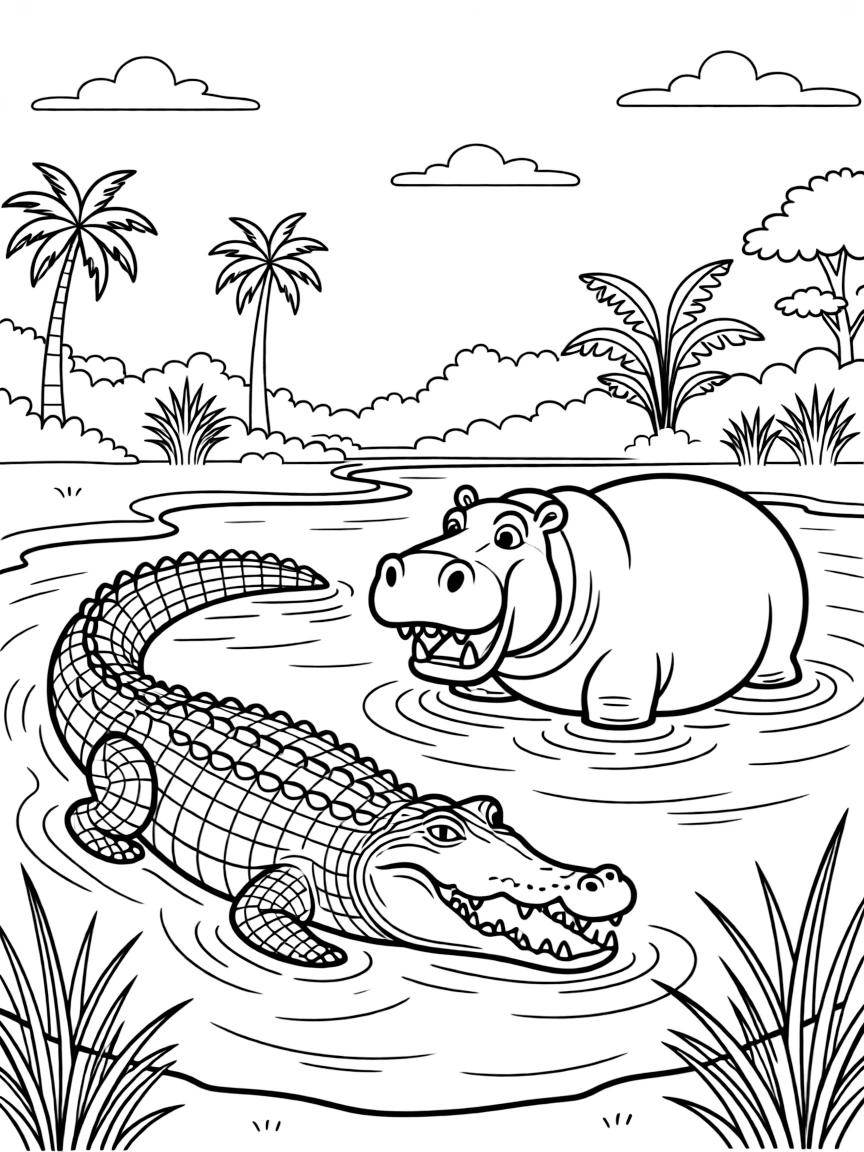 (Nigeria) A crocodile and a hippo in a muddy river at the edge of a swamp in Nigeria.