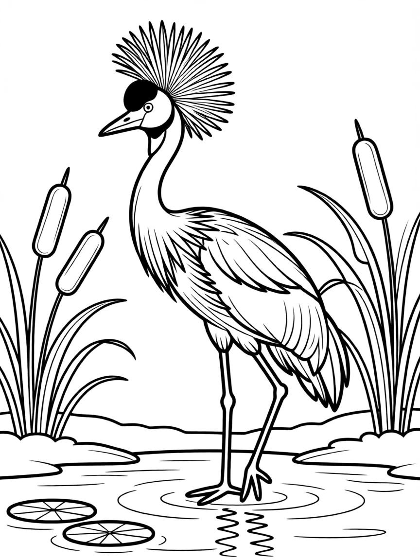 (Nigeria) A graceful black-crowned crane with a golden tuft, standing in a wetland.