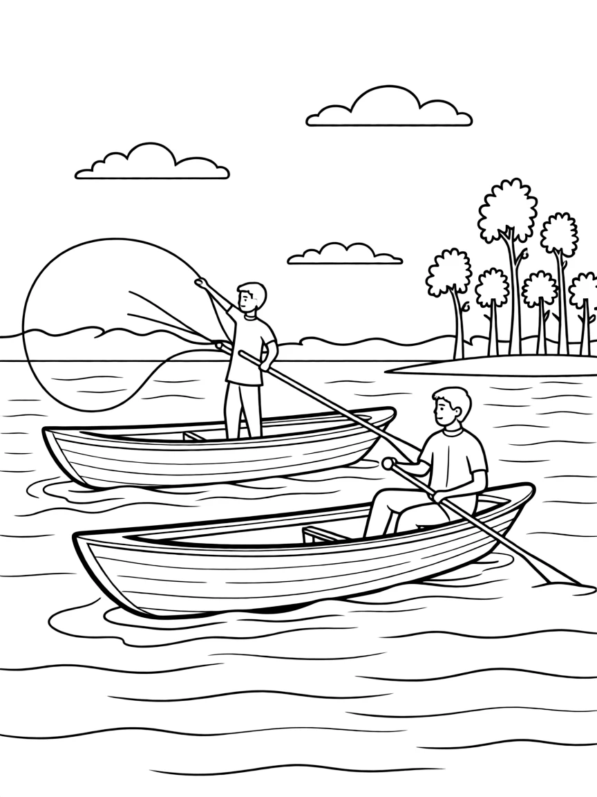 (Nigeria) Wooden canoes floating on the Niger Delta waters with fishermen casting nets.