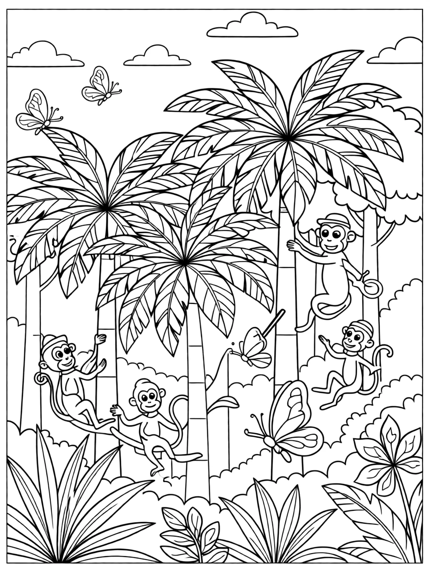 (Nigeria) A tropical rainforest scene with dense trees, butterflies, and monkeys in Nigeria.