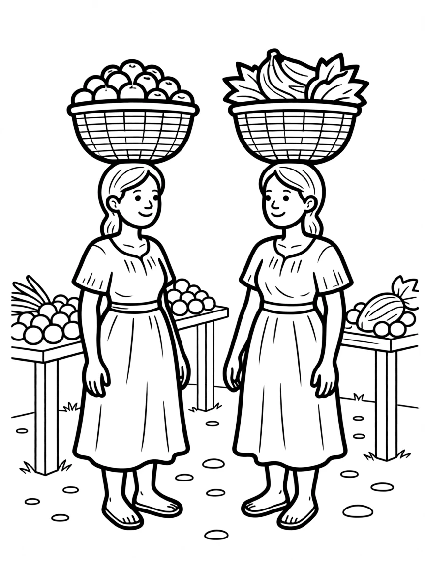 (Nigeria) Women at an outdoor market carrying baskets of fruit and vegetables on their heads.
