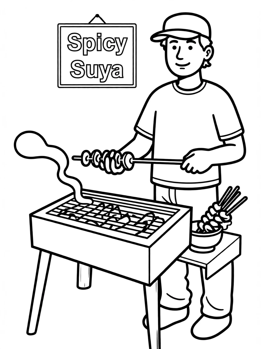 (Nigeria) A street food vendor grilling spicy suya meat skewers over a charcoal fire.