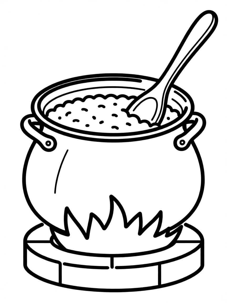 (Nigeria) A big pot of jollof rice cooking over a fire with a spoon for stirring.